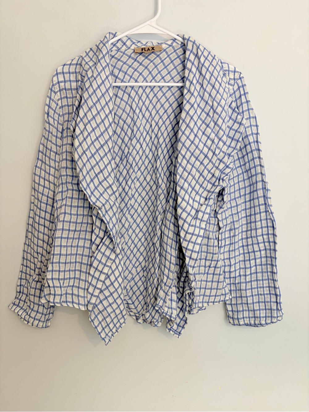 FLAX Blue Windowpane Open Front Linen Jacket